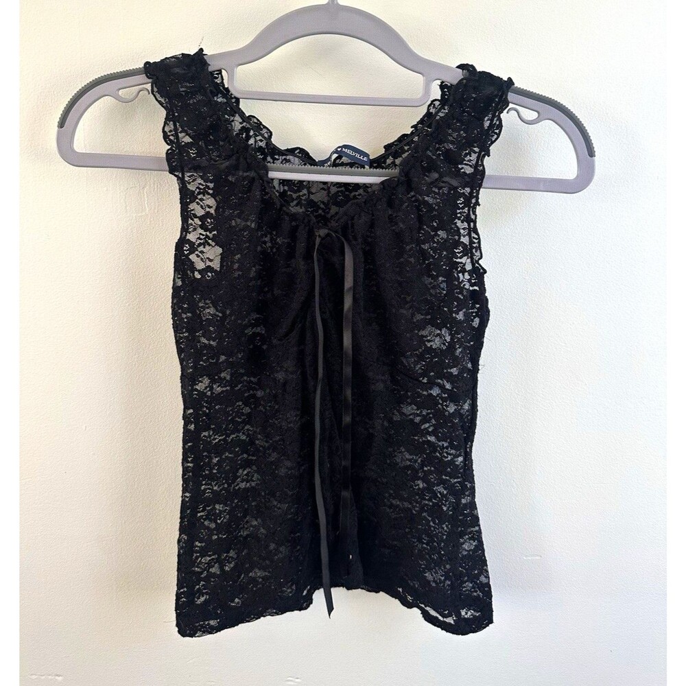 Brandy Melville Women’s Black Floral Lace Top bow detail